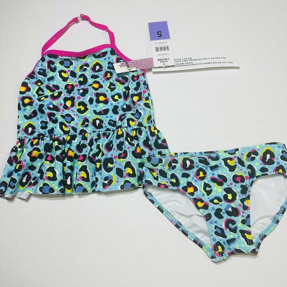 Girls Size 5 cheetah print tankini swimsuit turquoise leopard NEW 2 piece